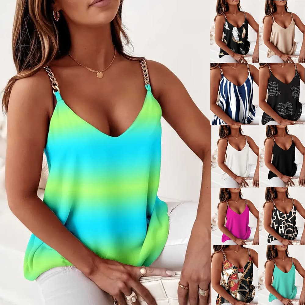 Women's Clothing Summer Simple Sleeveless Chain Suspender Printed Vest Top for Women