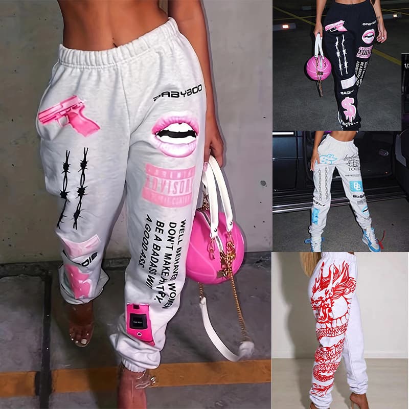Women's Printed Fashion Elastic Waist Sports Casual Harem Pants Women