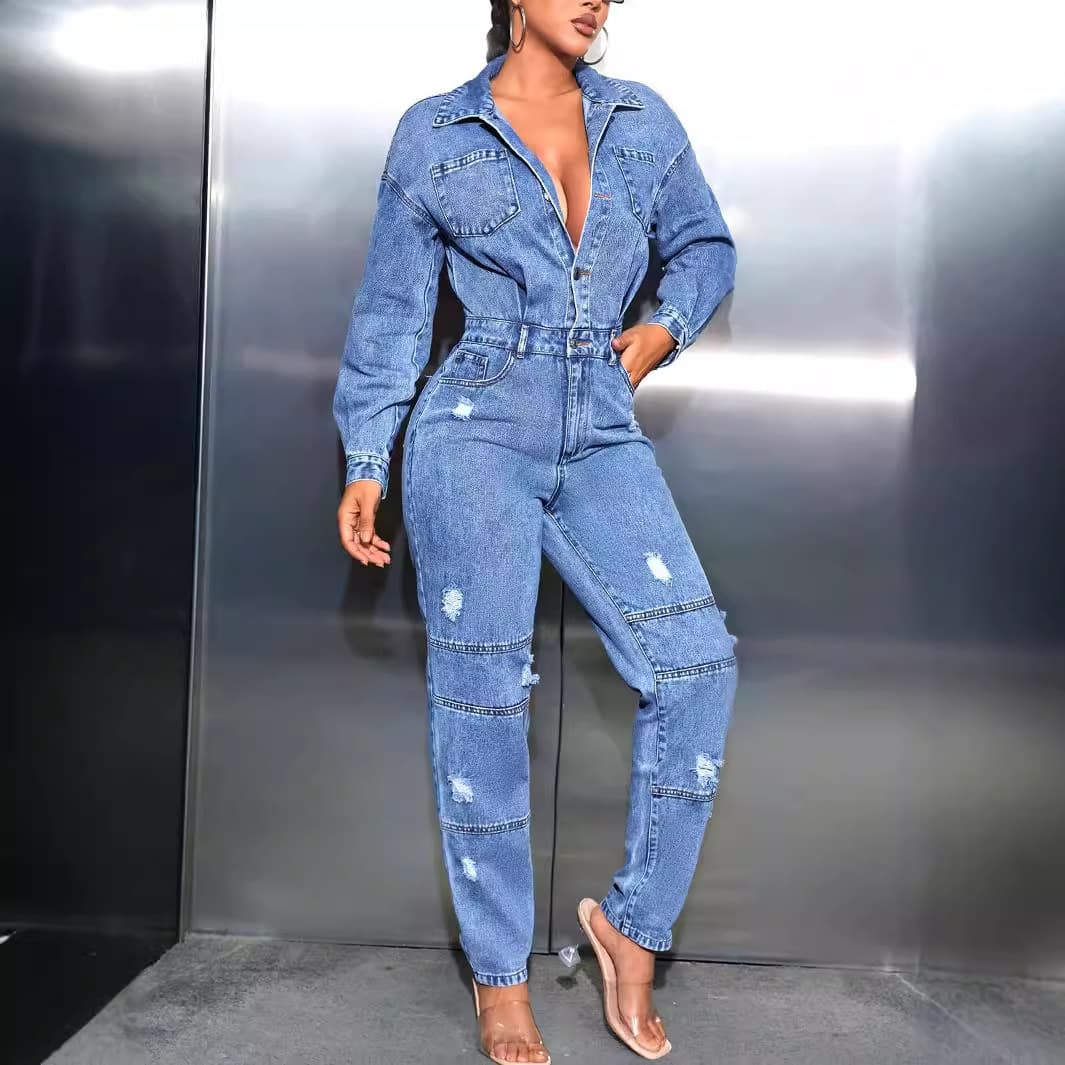 Women's Clothing Ins Casual Commuting Slim Jumpsuit Ripped Denim