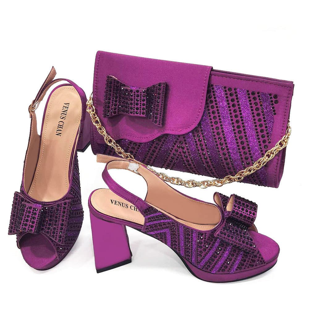 Women's Shoes Shoe And Bag Set Combination: Fish Mouth High Heels With Square Clutch (soft) + Rhinestone Flower