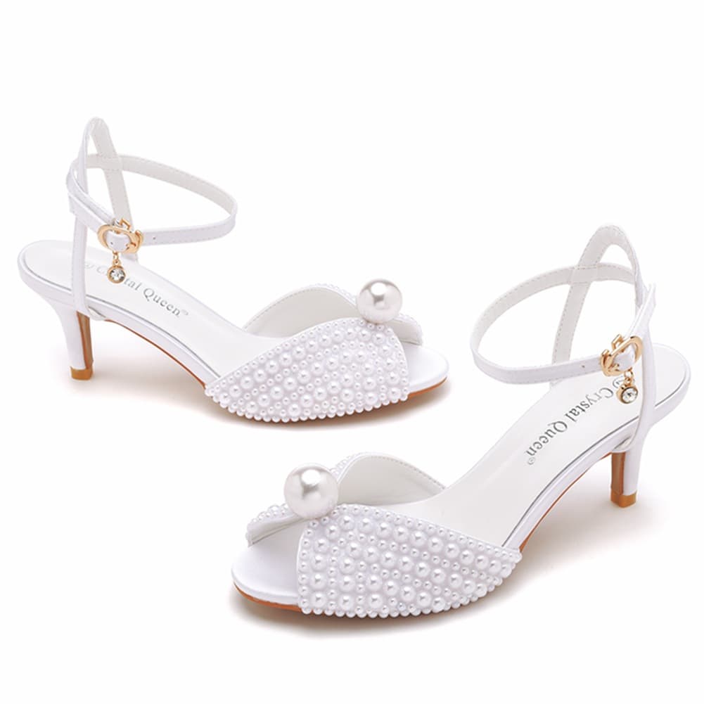 Women's Shoes 6cm fish mouth high heel sandals shallow buckle large size round toe high heels hollow fish mouth satin pearl sandals