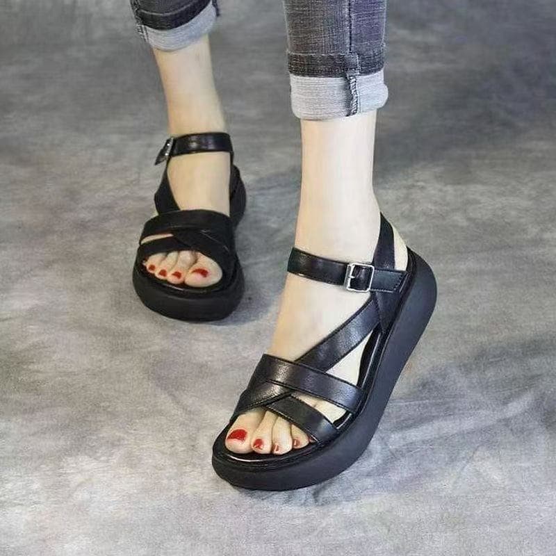 Soft Leather Platform Sandals Women's Ethnic Wind Slope Heel Soft Sole Medium Heel Muffin Bottom Fish Mouth Women's Shoes