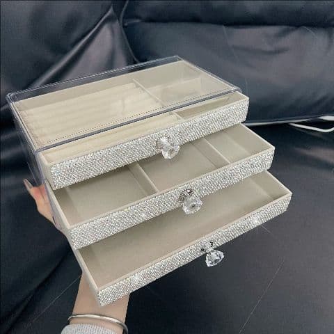 Luxury Velvet Jewelry Organizer Box – Diamond-Accented Multi-Drawer Storage For Earrings, Necklaces & Rings (Elegant Desktop Display Case)