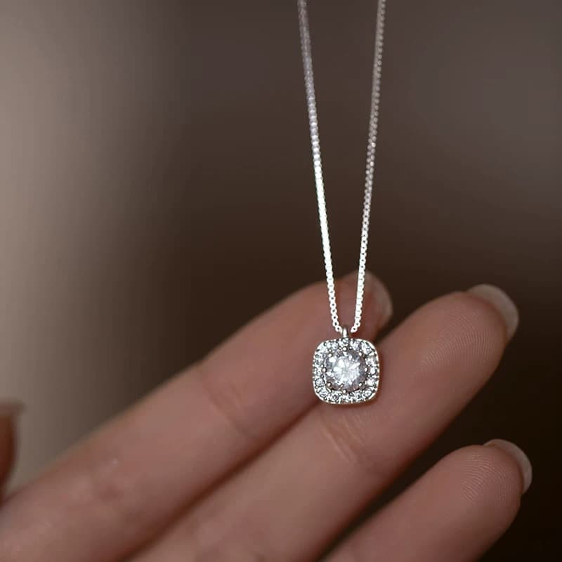 S999 Pure Silver Necklace, Geometric Small Square Candy Pendant, Fashionable Internet Celebrity, Same Style Collarbone