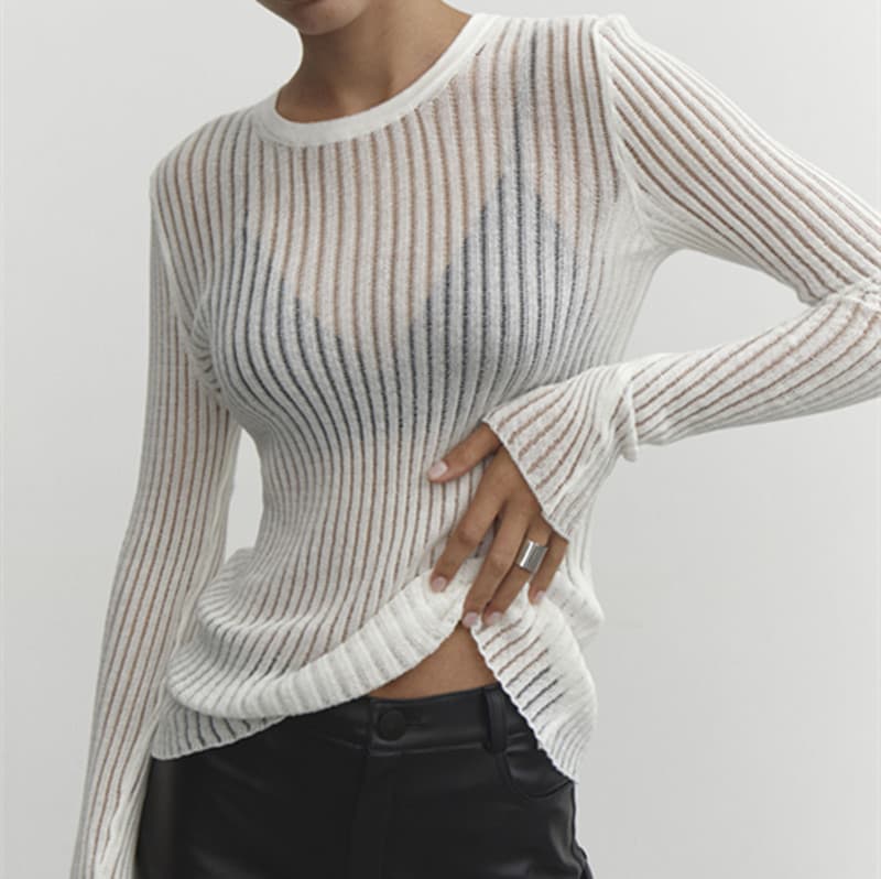 Women's long sleeve round neck thin breathable knitted wool top