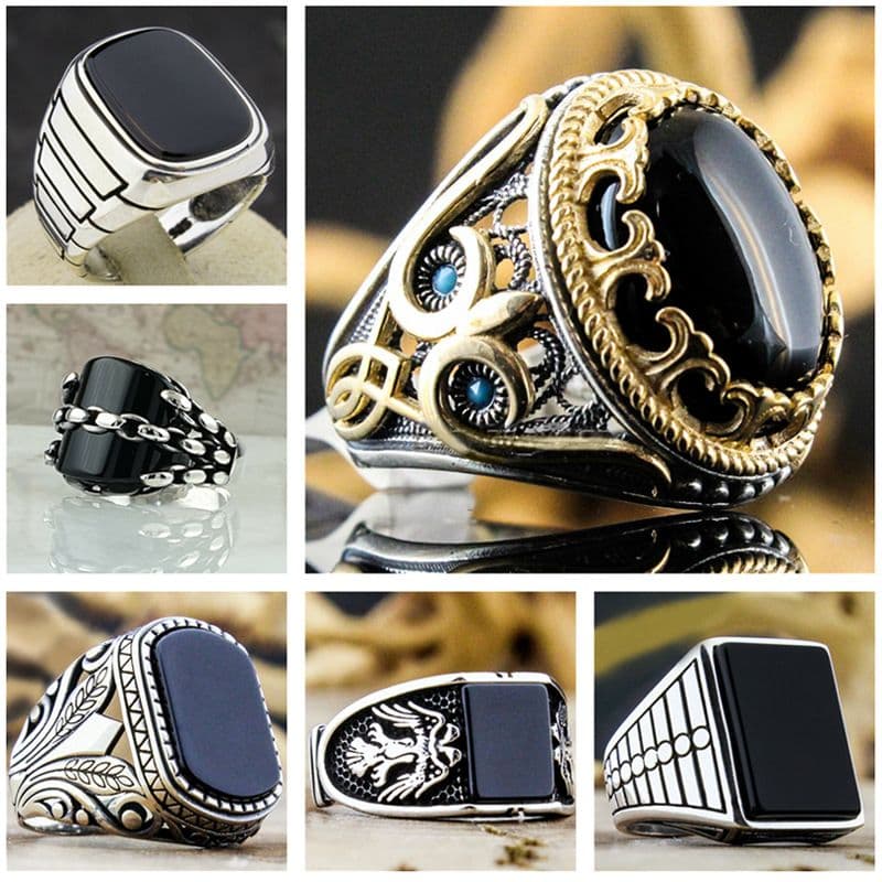 Popular vintage pattern black faced zircon men's ring