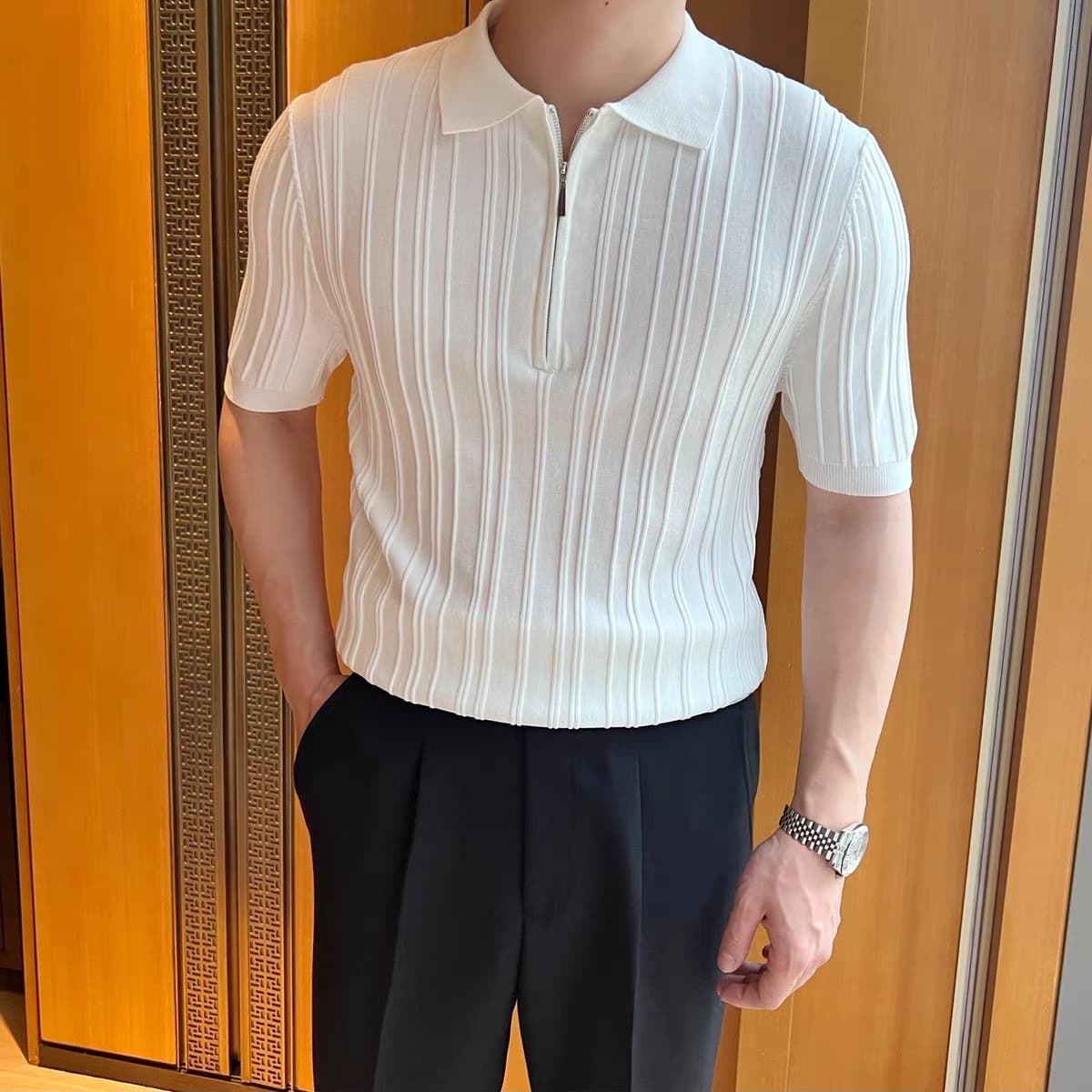 Men's Clothing New High Quality Zipper Striped Ice Silk Polo Shirt Summer Knitted Thin Short Sleeve Men
