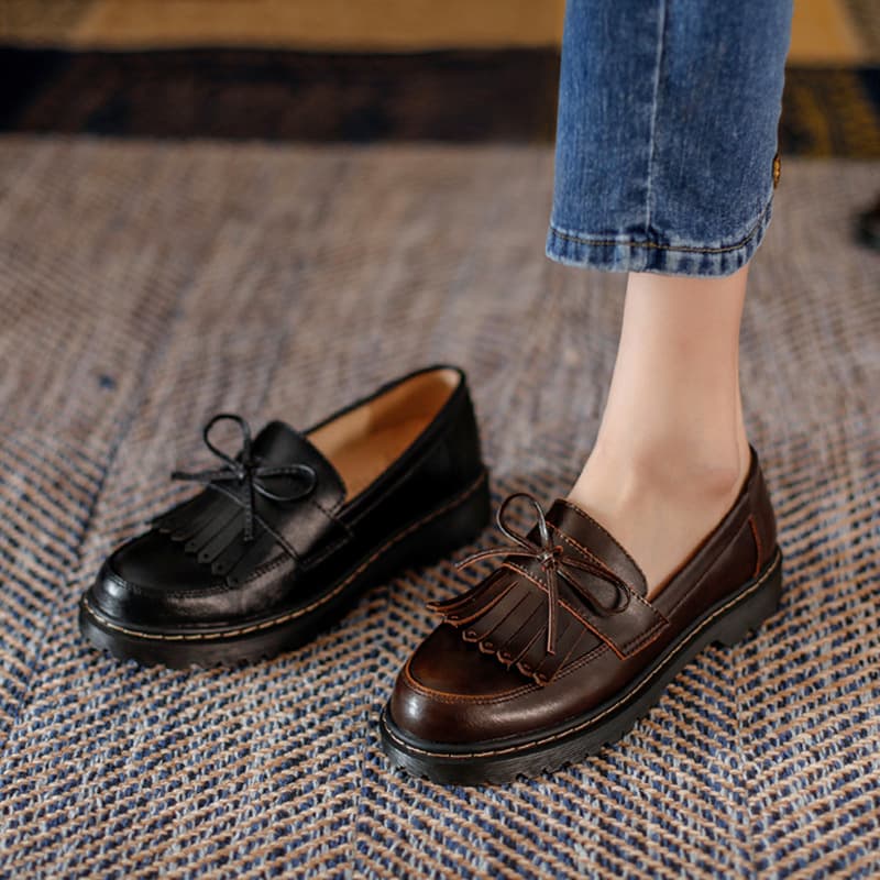 Women's Shoes Retro Thick Soled Chunky Heeled Leather Shoes Bowknot Tassel Loafers Slip On Lazy Round Toed Single Shoes For Women