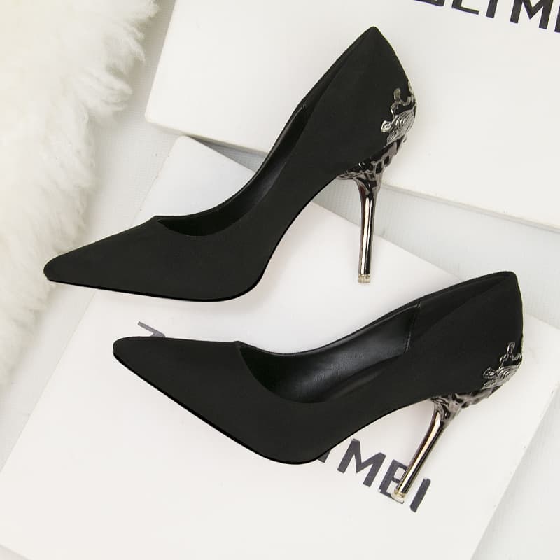 Women's Pumps style pointed toe stiletto high heels women's wedding shoes red bridal shoes metal hollow suede shallow mouth women's shoes
