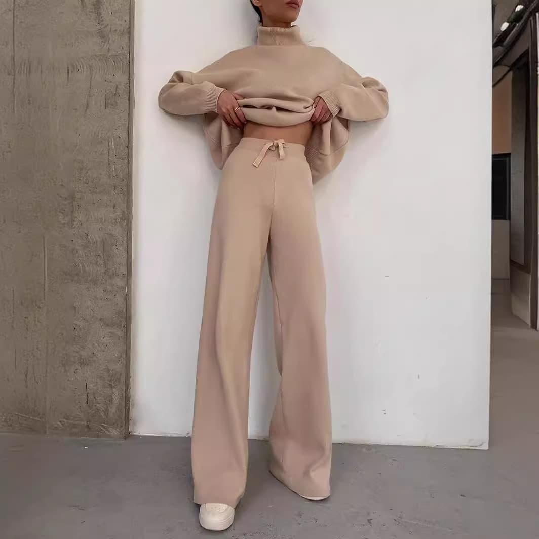 Women's Clothing long sleeved brown temperament wide leg pants fashionable loose high necked casual two piece sweatshirt