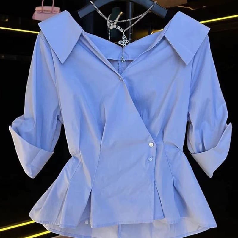 Women's Clothing Oblique Buttoned V Neck Short Sleeved Shirt