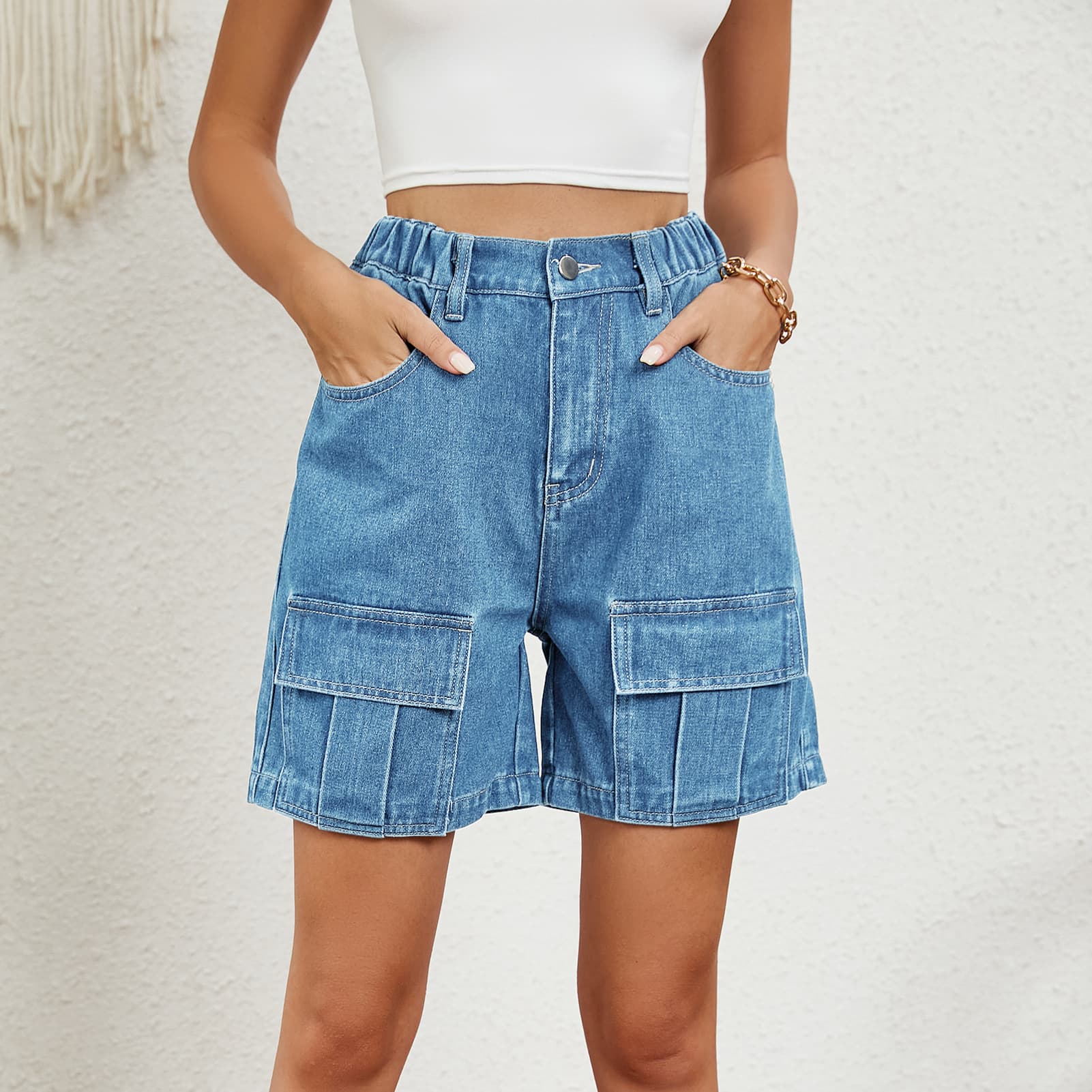 Women's Clothing Summer Washed Elastic Waist Workwear Casual Denim Shorts