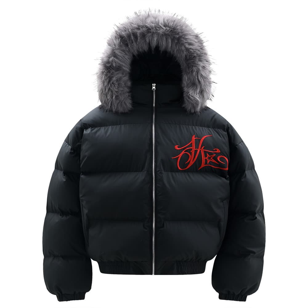 Veste à capuche en coton avec col en fourrure brodée de lettres gothiques pour homme, chapeau épais tendance d'hiver, manteau à col montant détachable