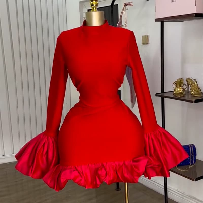 Women's Clothing Collar Trumpet Sleeve High Waist Ruffled Hip Dress Elegant Mock Neck Flared Sleeve High Waist Ruffle Hem Bodycon Dress