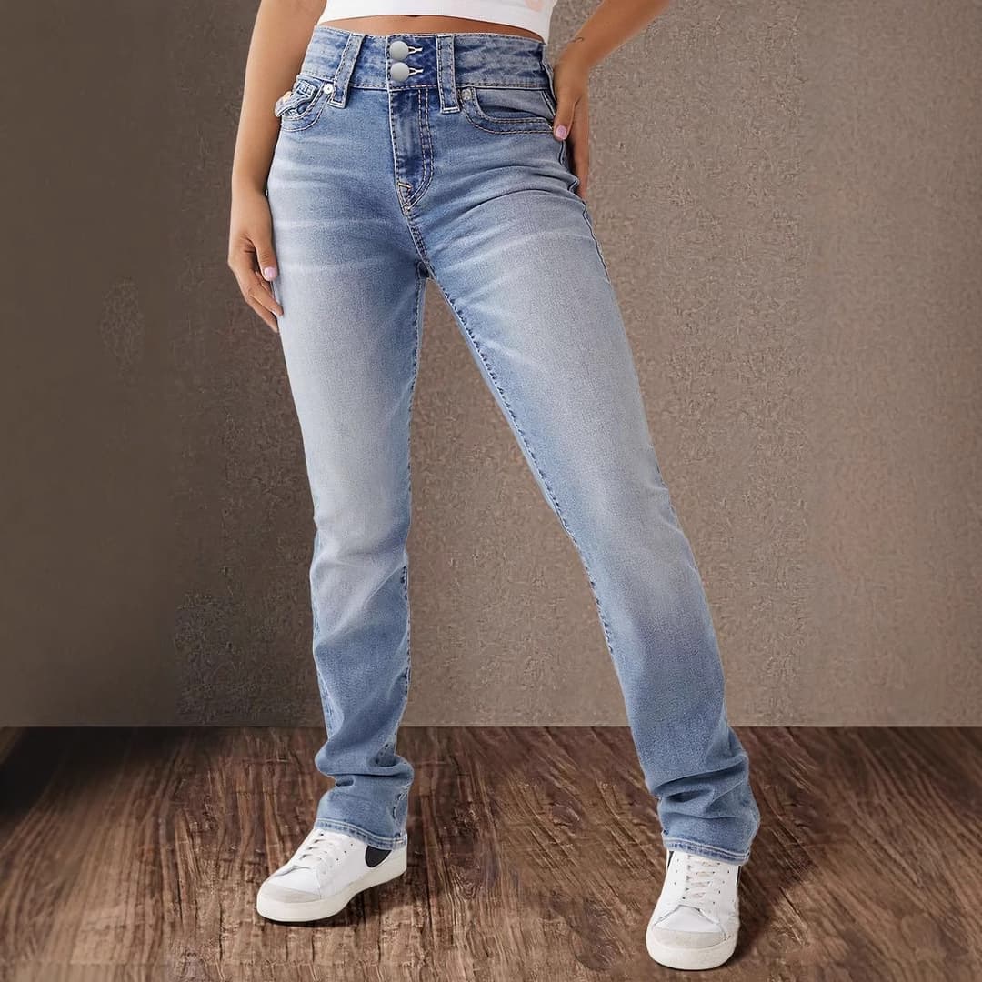 Women's Clothing Spring New Double Button Mid Waist Straight Jeans Women's Slim Temperament Trousers