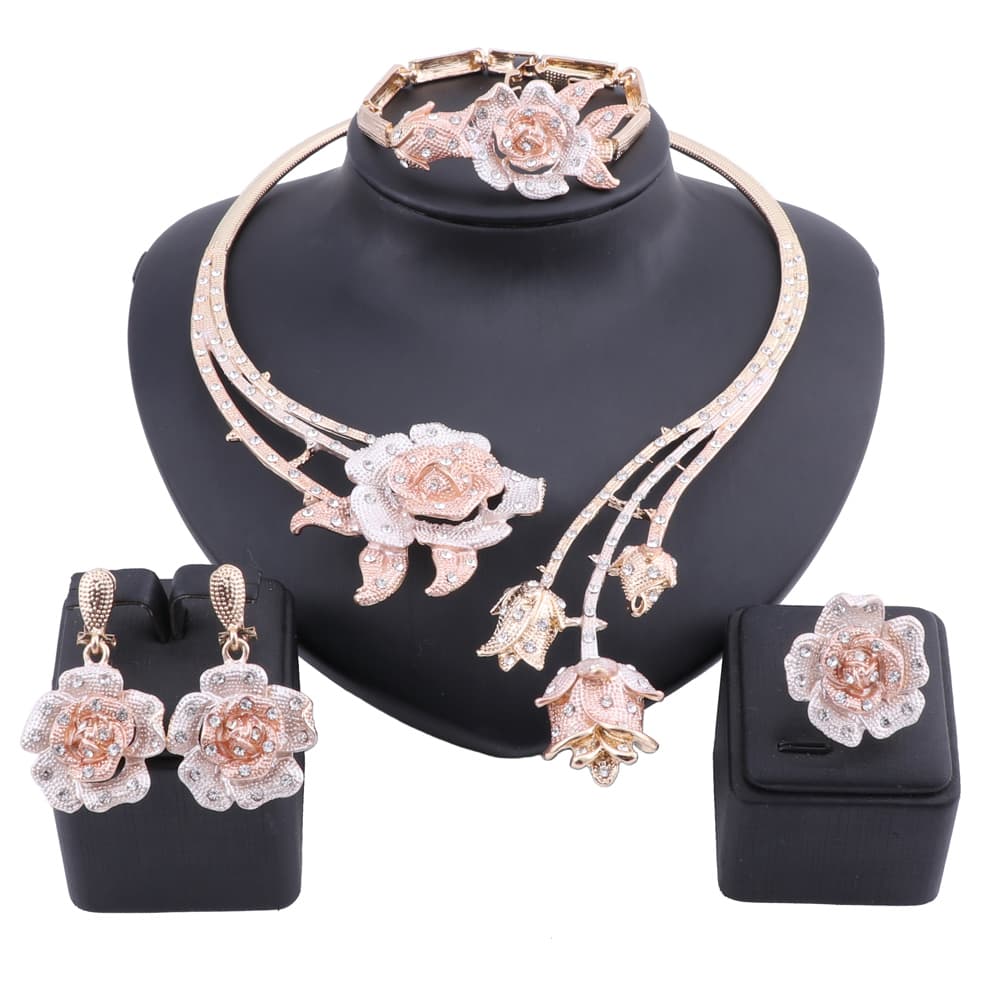 Women Dubai Gold Color Statement Flower Crystal Wedding Accessories Necklace Earring Ring Bangle Jewelry Set