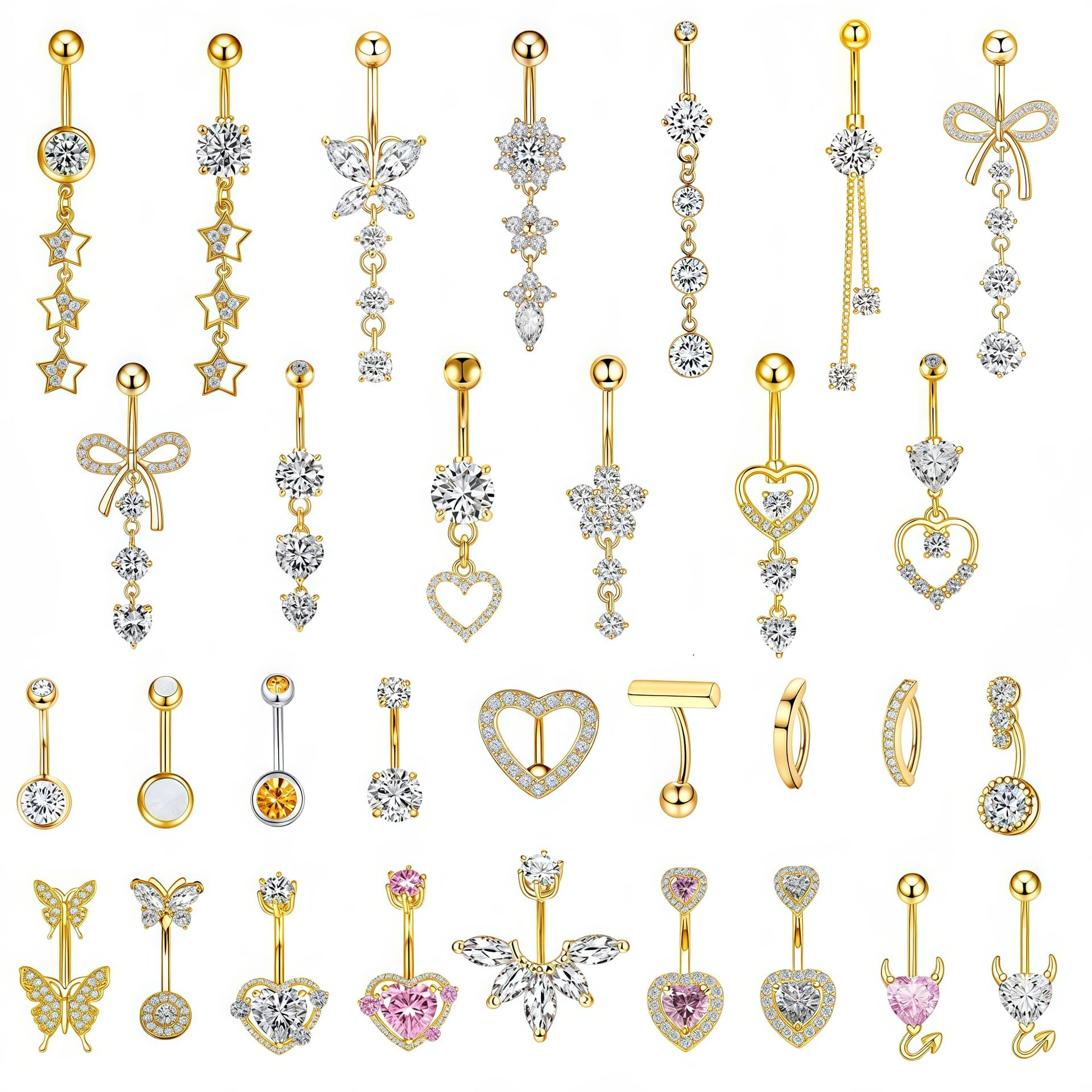 Navel With Heart-shaped Butterfly Pendant, Little Devil, Flower, And Zircon Inlay, Navel Ring Piercing Jewelry,