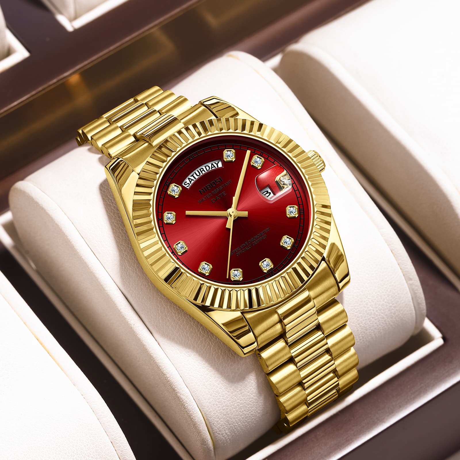 NIBOSI Brand Diamond-Studded Fashion Men's Sun Pattern Dial Solid Steel Band Quartz Watch