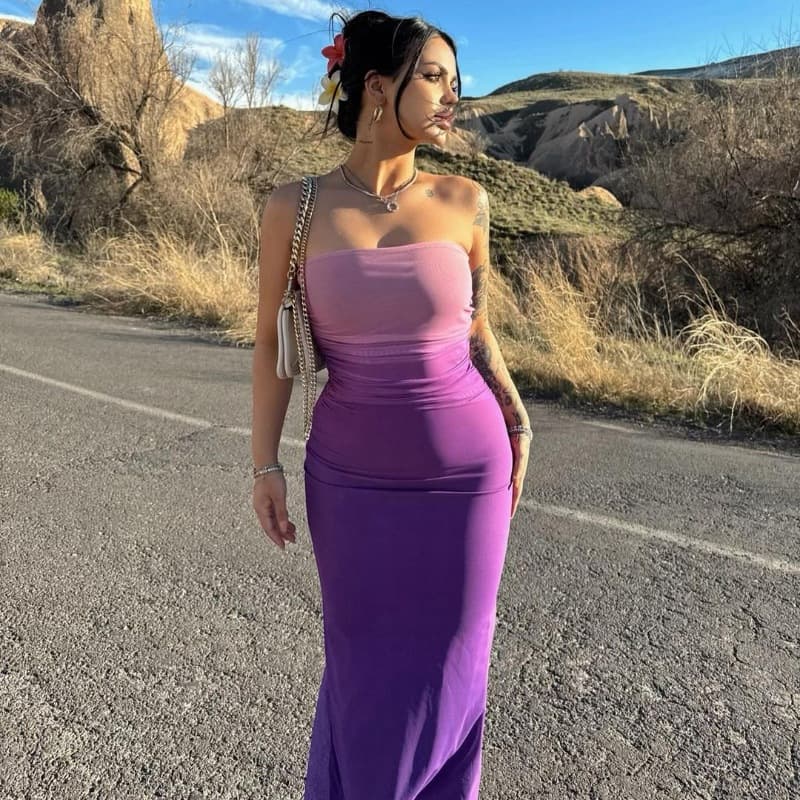 Women's Clothing Women's Bodycon Dress - Summer Fashion Gradient Color Tube Top Dress, Slim Fit Double Layer Sexy Clubwear