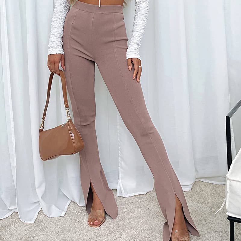 Women's Pants Sexy High Waist Solid Color Waist Temperament Slit Flare Pants