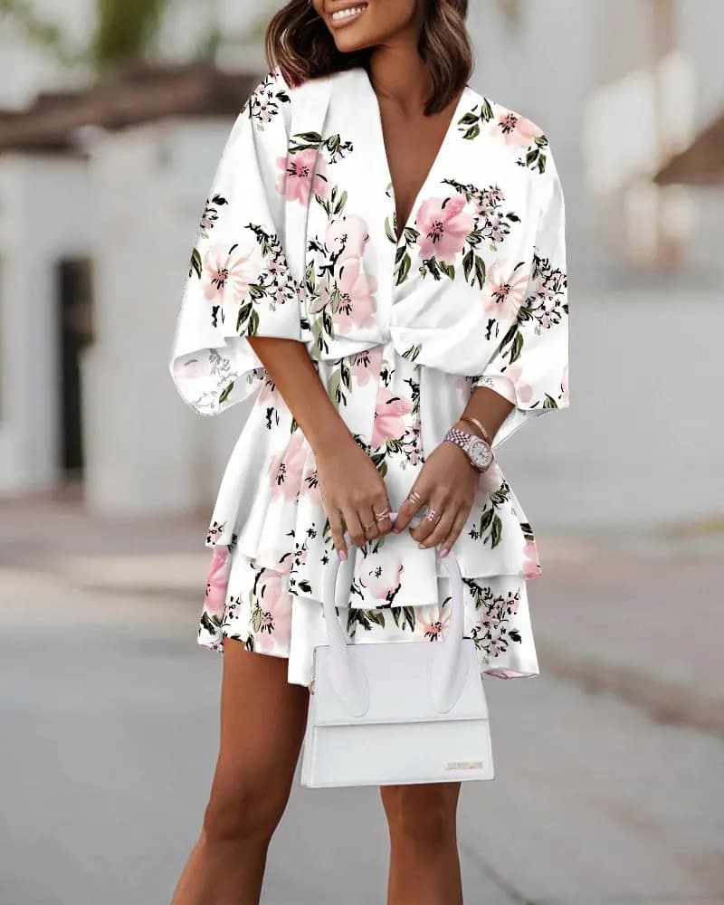 Women's V-neck Loose Bat-sleeve Print Dress