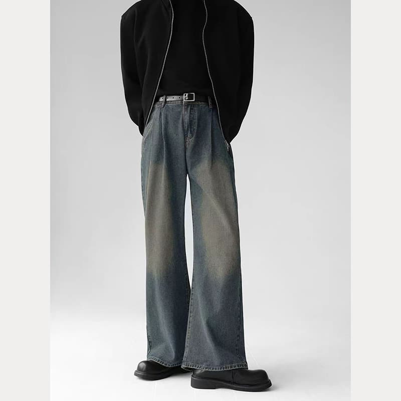 Men's Clothing loose jeans men's and women's pleated wide leg pants washed trousers drape straight mopping trousers trend