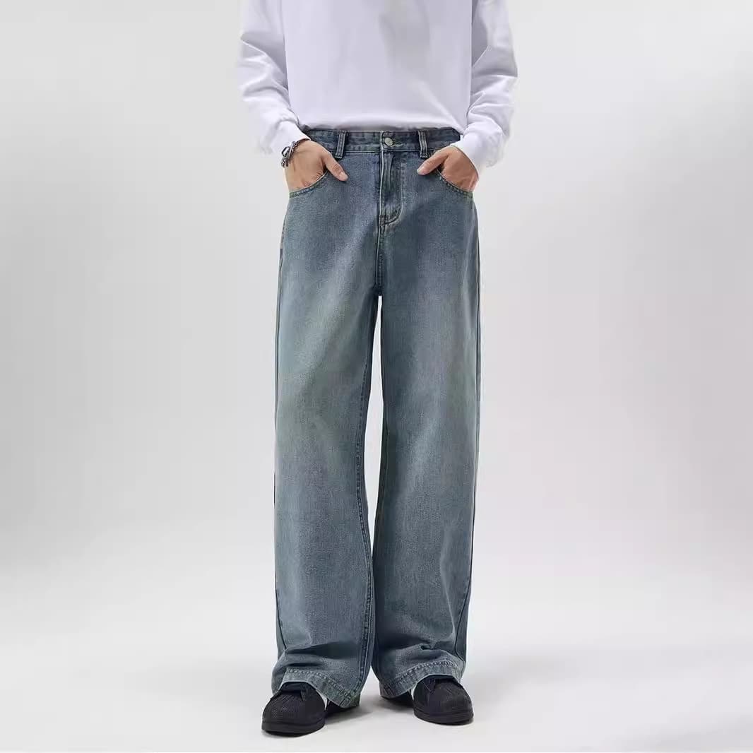 Men's Vintage Washed Jeans - Relaxed A-Line Straight Fit | High Elastic Streetwear Trousers