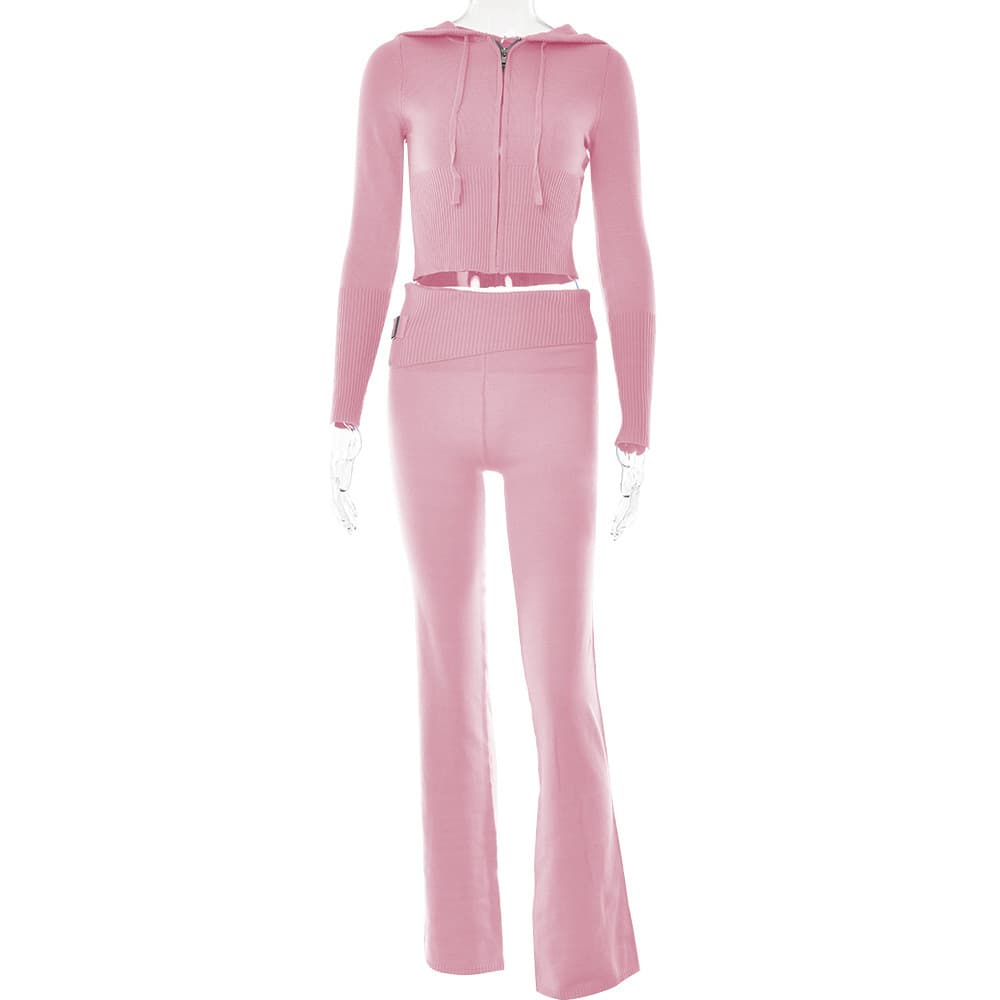 Ensemble deux pièces en tricot à capuche pour femme, nouvelle collection européenne et américaine, à la mode et sexy, taille haute, manches long