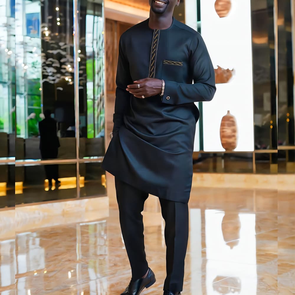 Costume noir africain décontracté brodé pour homme, manches longues, idéal pour les mariages et les banquets.