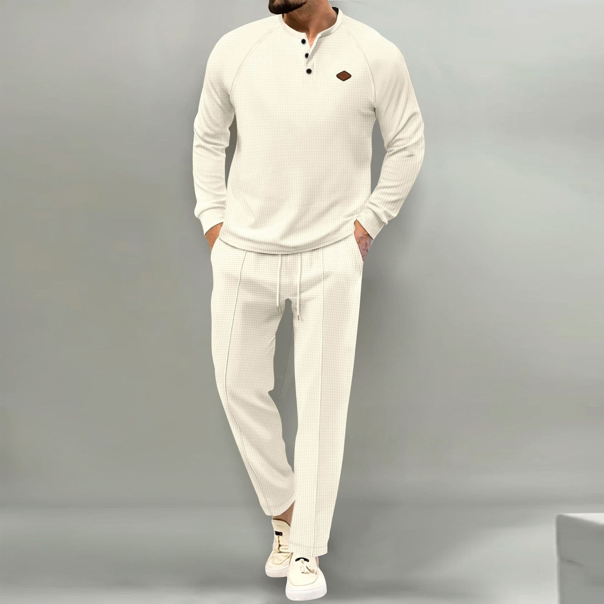 "Men's Waffle-Knit Long Sleeve Shirt & Pants Set – Premium Cotton Thermal Suit For Autumn & Winter, Classic Solid Colors"
