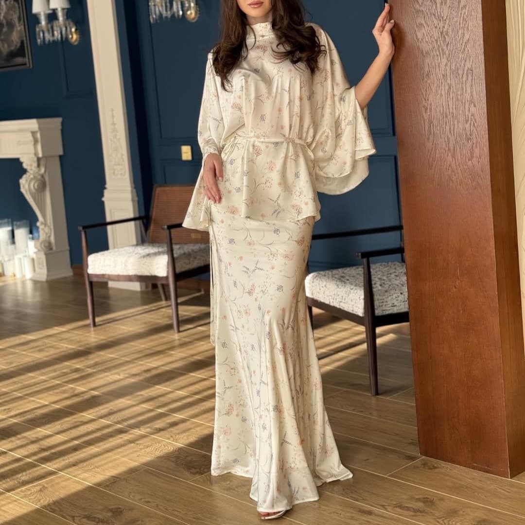 Women's Floral Print Batwing Sleeve Dress Set With Tie Waist – Elegant Long Sleeve Tunic & Maxi Skirt Outfit, Polyester Spandex Blend, Wrinkle-Free