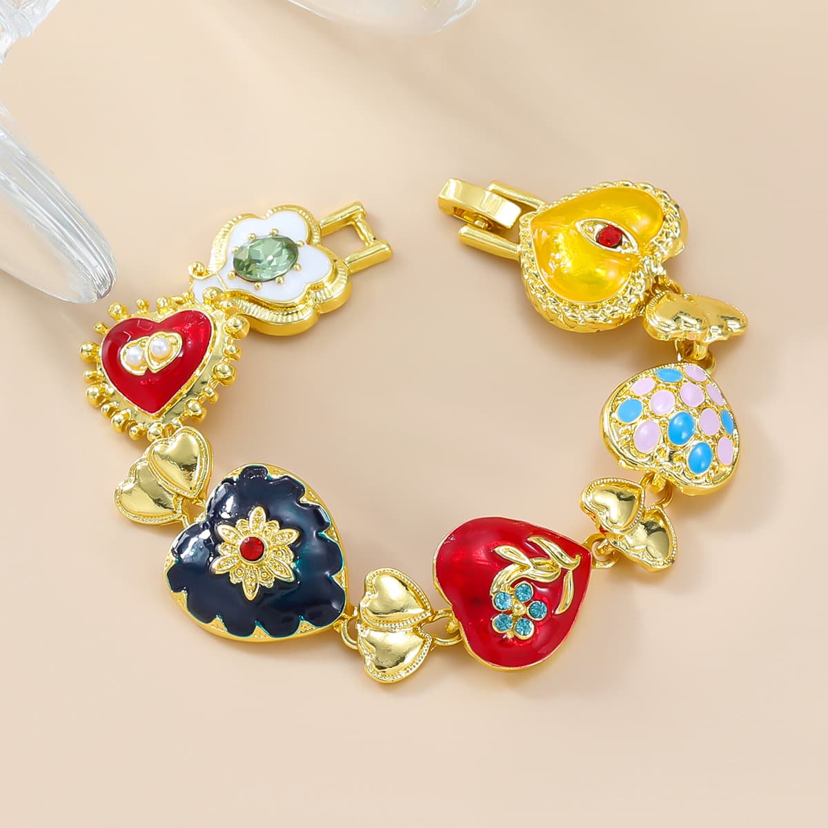 Summer New Hip-Hop For Women Multi-Layer Heart-Shaped Alloy Oil-Drip Floral Party Jewelry Bracelet