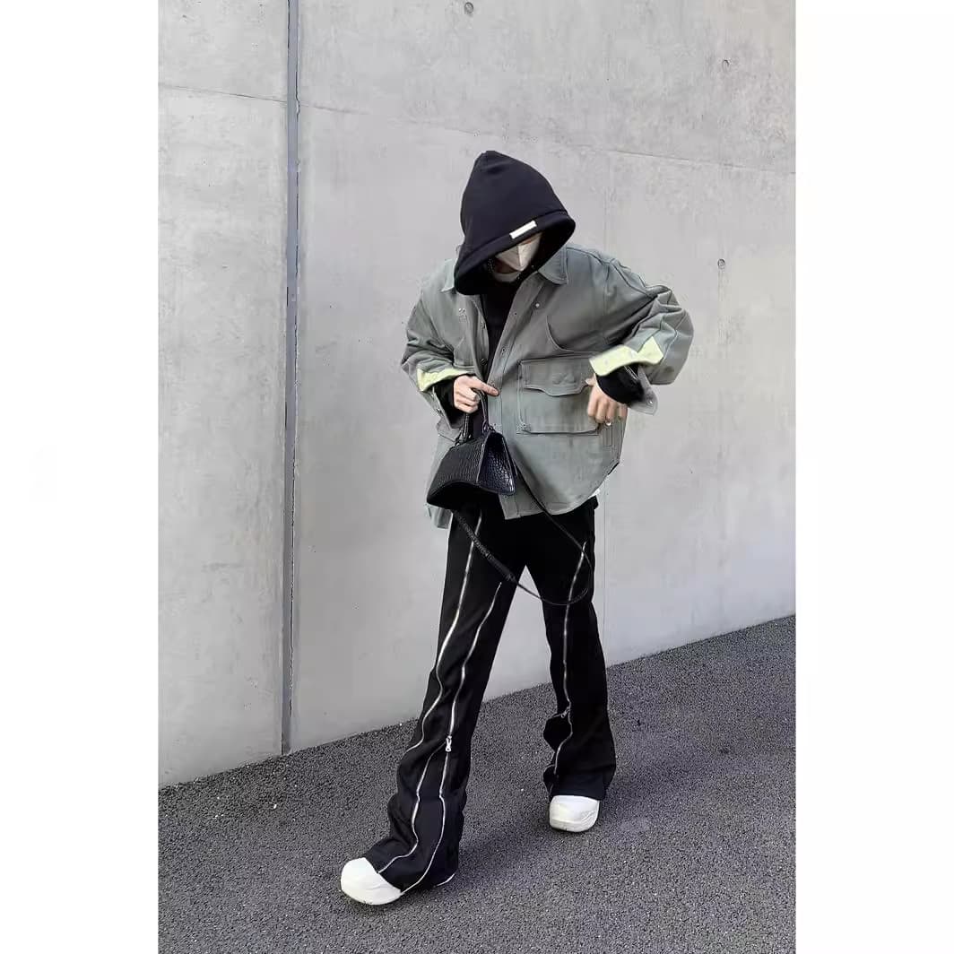Men's Clothing European and American hip hop zipper split jeans men's high street trendy slit slightly flared wide leg design pants for men