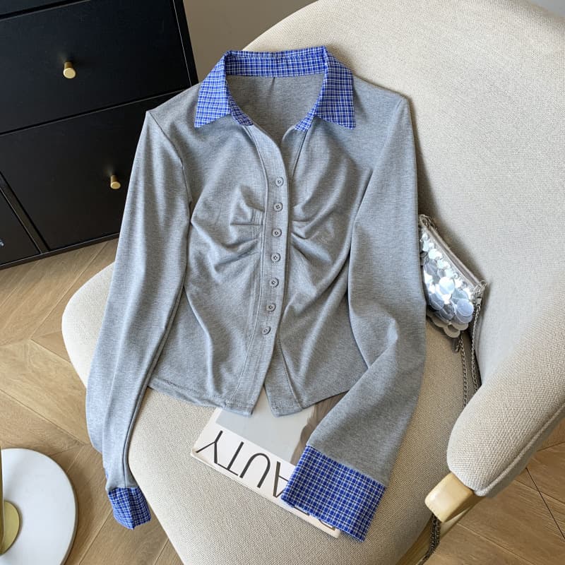 Women's Clothing Polo Collar Long Sleeved Knitted Top Spring New Versatile Pleated Contrast Color Plaid T Shirt