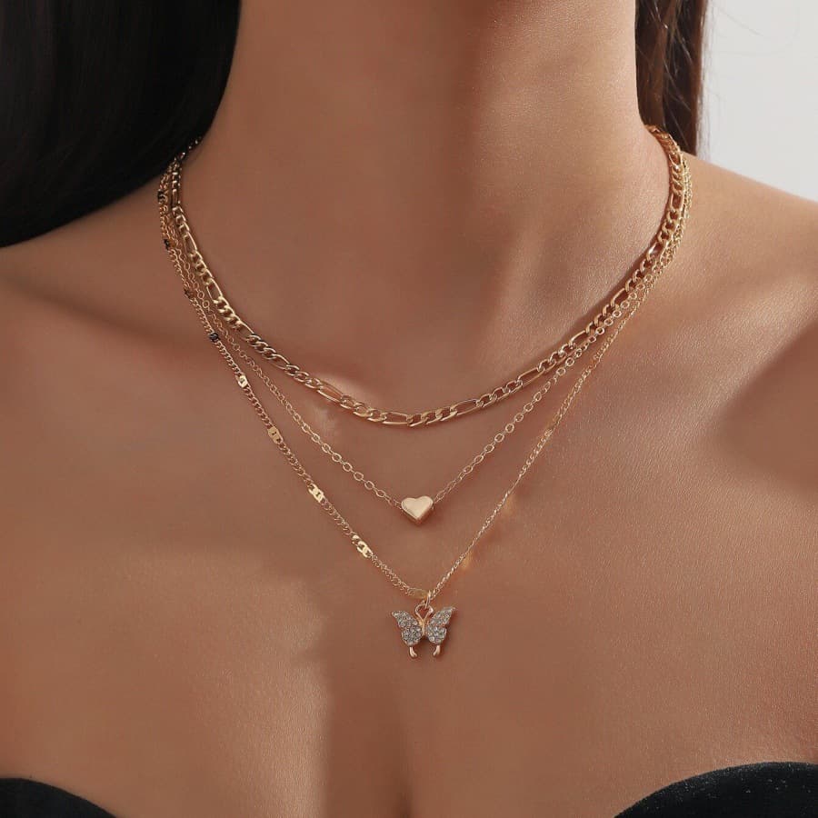 Hot Selling Light Luxury Fashion Three-Layer Inlaid Diamond Butterfly Heart Pendant For Women Elegant Clavicle Chain