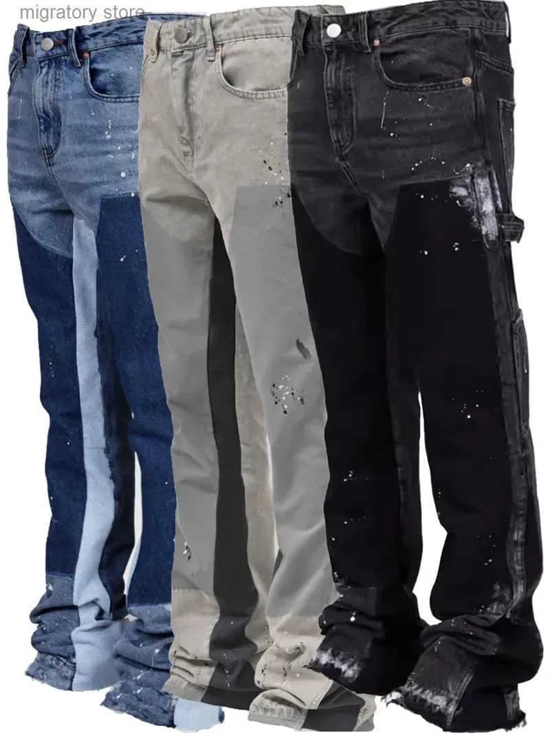 Y2k Men Painting Baggy Fashion Work Wear Popular Stretch Patch Denim Stacked Flare Jeans Pants L250624