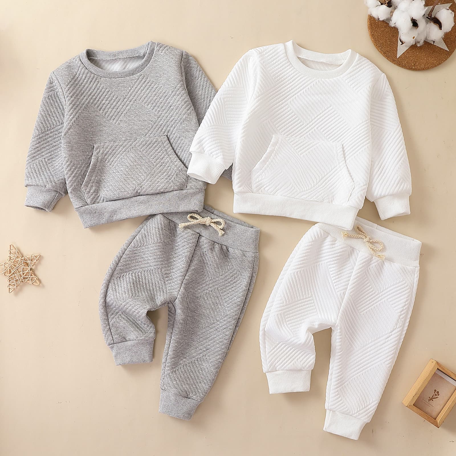 ​​Unisex Gray & White Long Sleeve Suit Set For Toddlers (2-8Y) – Soft Cotton Two-Piece Outfit YT2325​​