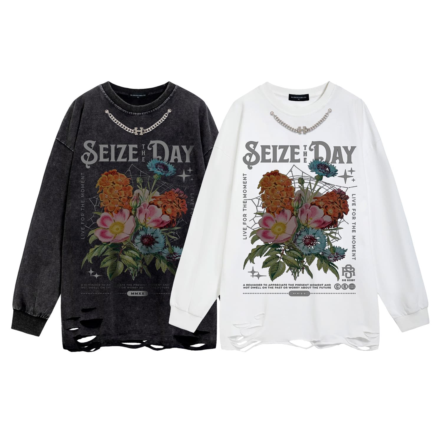 Man's clothing Small wash water black flowers spider web pattern printed casual crew-neck hoodie men and women the same
