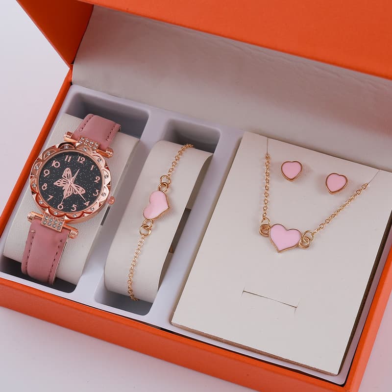 5pcs/set a butterfly dial boutique gift set fashion ladies wrist watch