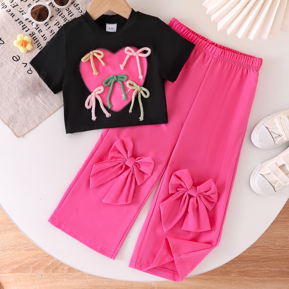 Girls Trendy 2-Piece Set Heart Print Bow T-Shirt Wide-Leg Pants Black Sizes 2Y-7Y
