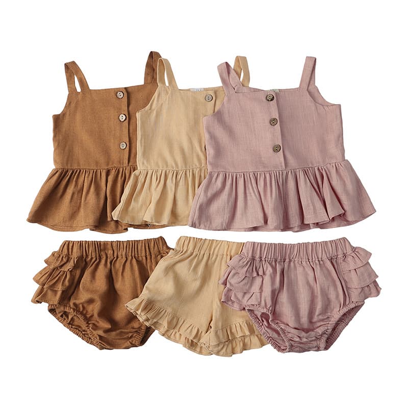 Kids’ Clothing Girls Suits Summer New Version Baby Girl Four Corner Ruffle Pants Sleeveless Tops Two Pieces