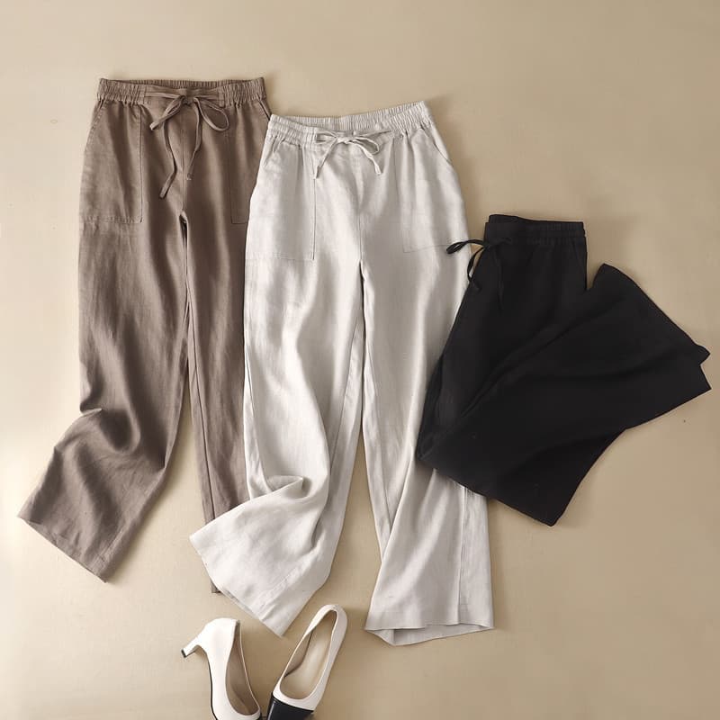 Women's Clothing Cotton hemp wide legs long pants women loose slimming large size high waist straight leg pants draw rope casual women's pants