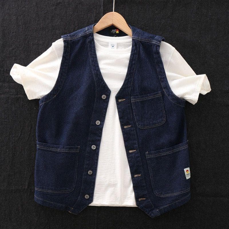 Classic Denim Deep Blue Daytime Single Men's Casual Vest Versatile V-neck Small Jacket Trend