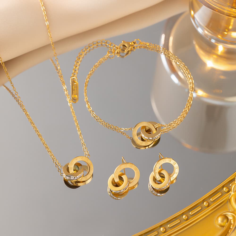 Titanium Steel Roman Digital Double Ring Necklace Women's Gold Pendant Light Luxury Collar Chain Simple Style Fashion