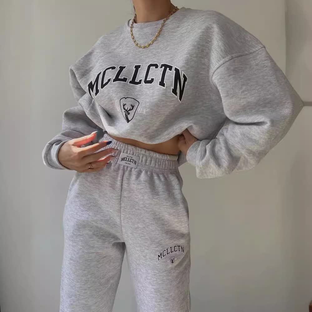 cross border European and American clothing casual fashion printed thickened suit plus velvet sweatshirt long sleeved pants suit