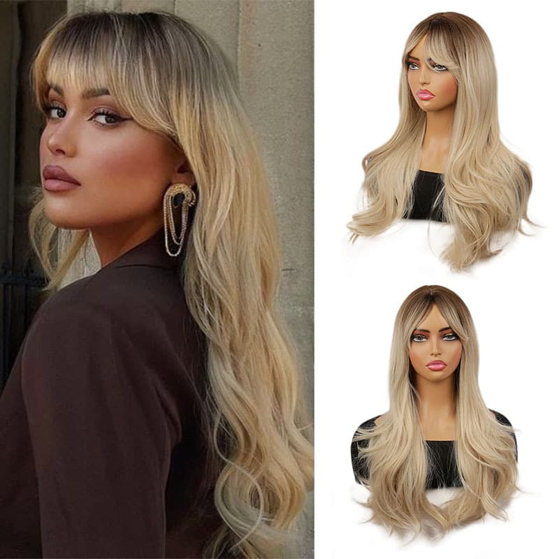 613 gradient wig female neat bangs big wave chemical fiber long curly hair headgear