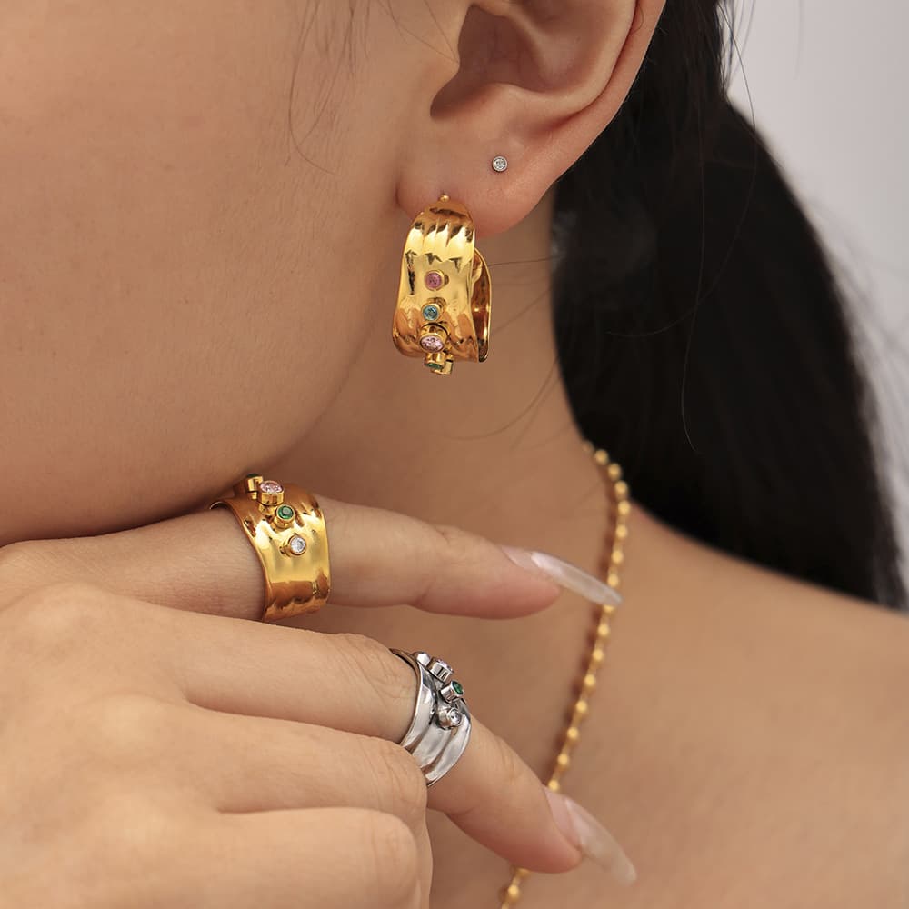 Mixed color zircon open ring C shaped earrings stainless steel plated real gold color preserving jewelry set