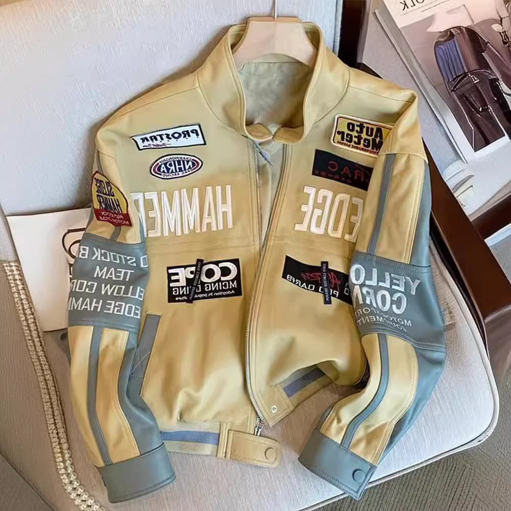 Men's Clothing high end motorcycle leather jacket heavy embroidery baseball uniform loose handsome coat