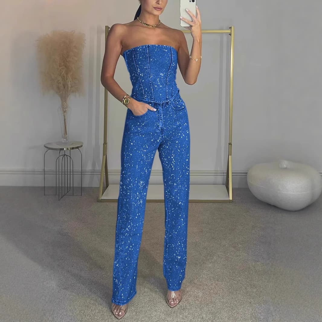 Women's Clothing Cross Border Independent Station Sexy Off Shoulder Shiny Vest Diamond Trousers Suit Two Piece Suit For Women
