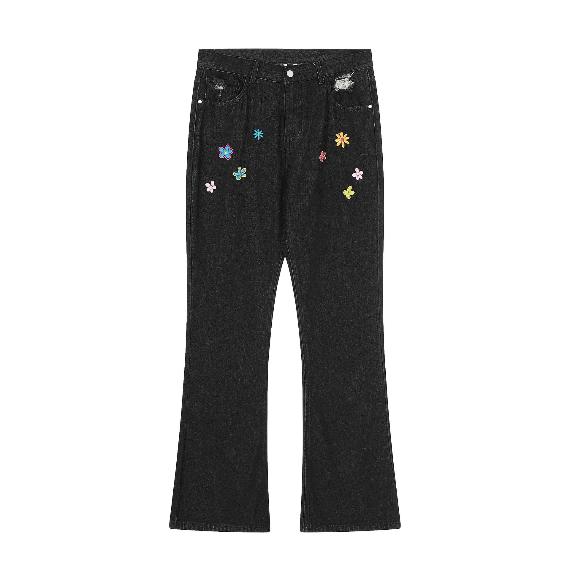 Men's Clothing High Street American Style Flower Letter Embroidery Worn Flared Jeans Unisex Fashion Brand Loose Wide Leg Trousers